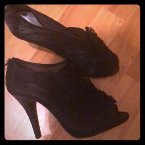Black sheer bootie w/ flower ruffles sized 8 1/2